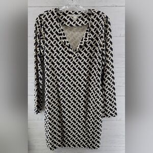 Diane Von Furstenberg Black & White Link Print Silk Dress, Size 6, Black/Cream‎